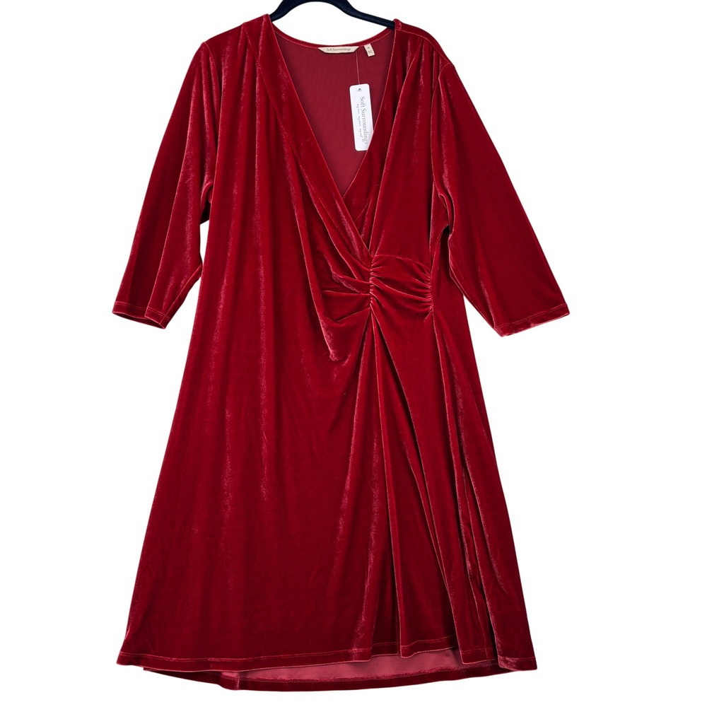 Soft Surroundings Velvet Hyannis Dress Womens 1X Red Dahlia 3/4 Sleeve Lined